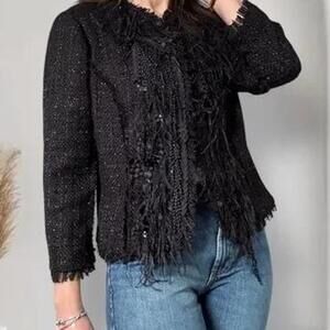 Vintage Alberto makali Black lace and feather jacket with fringe details